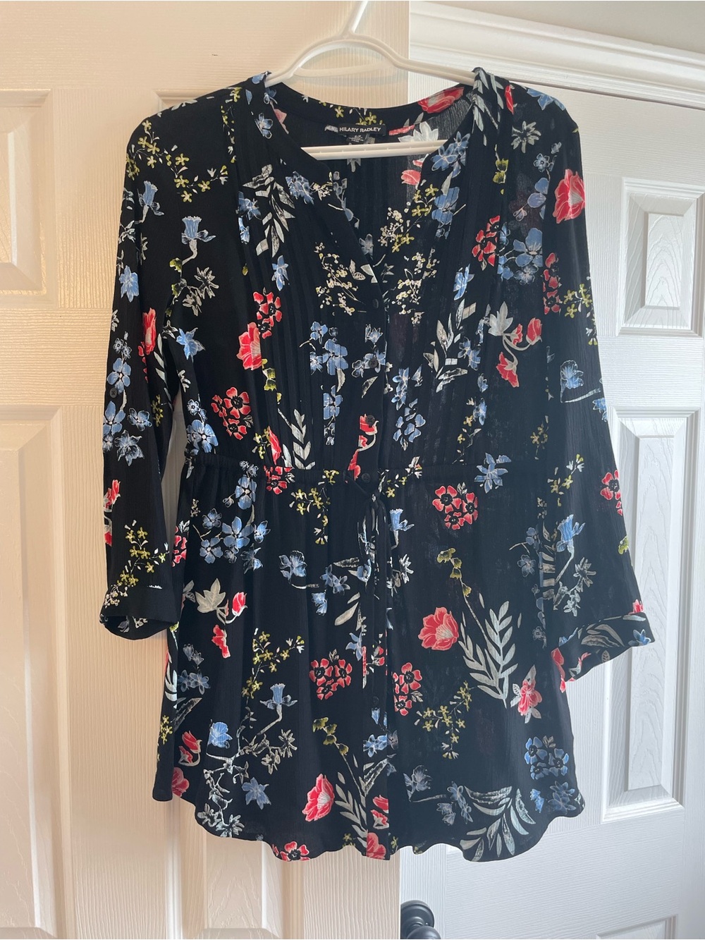 Hilary Radley Black Floral Tie-Waist V-Neck Blouse with Red & Blue Flowers